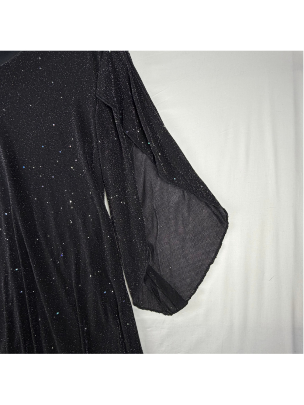 Black Metallic Sparkle V-Neck Dress Split Bell Sleeve Cocktail Party 0XL - Picture 6 of 6